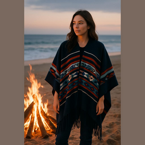 Bradford Exchange Women's One Size Blue Orange Aztec Western Fringe Shawl Wrap